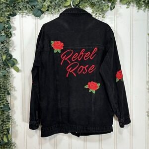 Cello Rebel Rose Denim Jacket Women's SMALL Black Embroidered Punk Rock Edgy